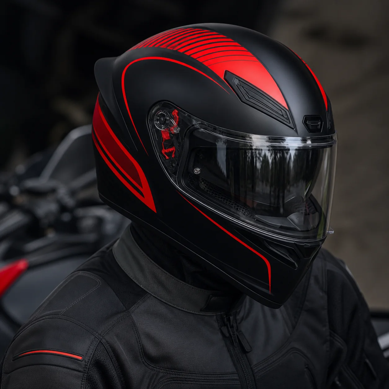 Motociclista con casco integral negro y rojo