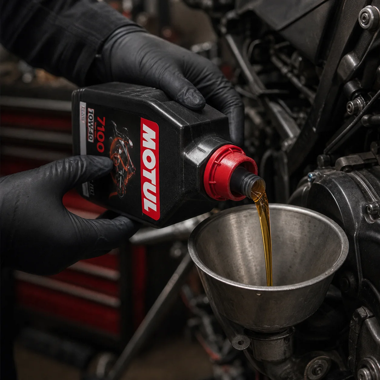 Cambio de aceite de una motocicleta en un taller